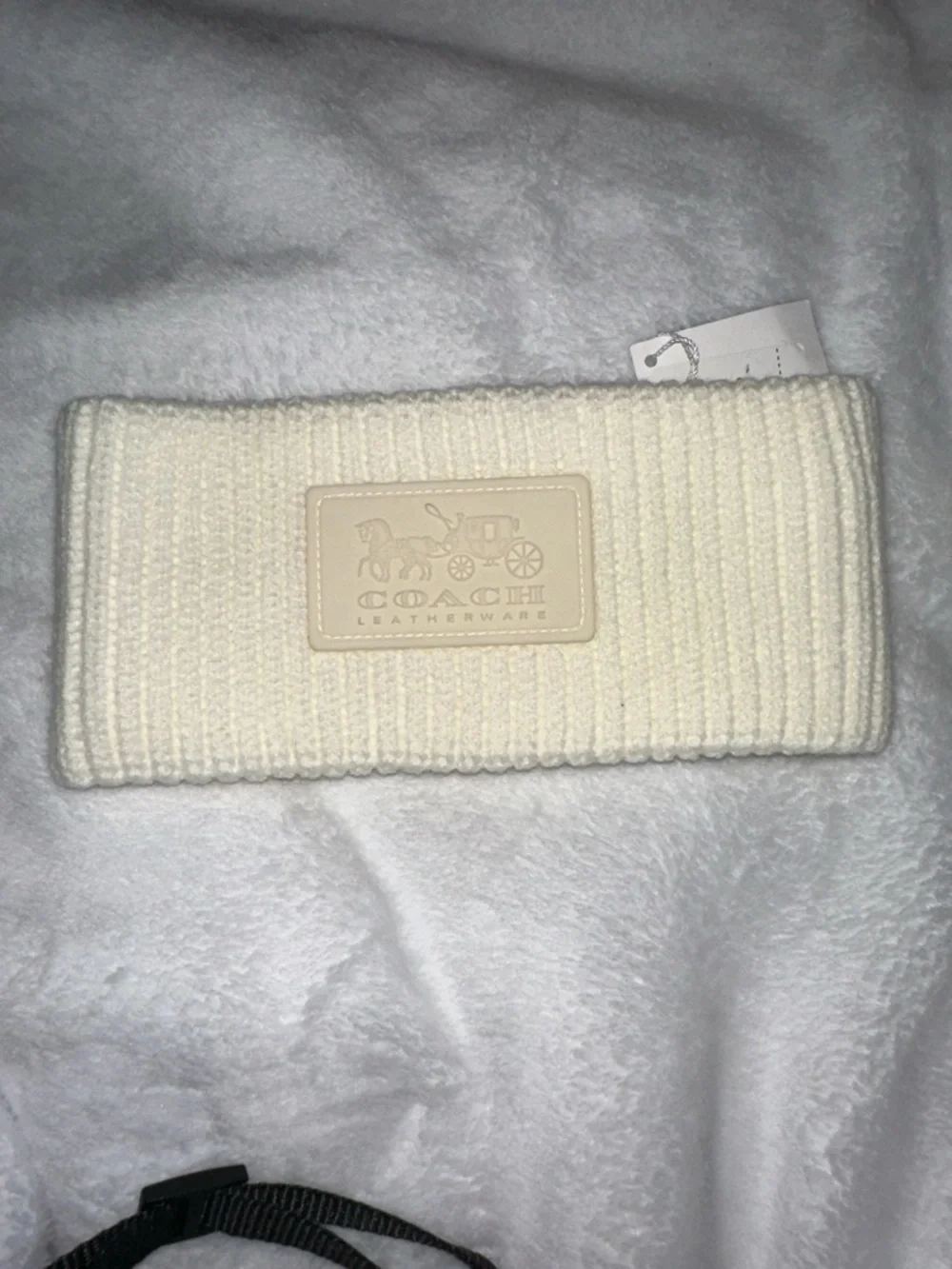 Coach Cream Knit Headband with Embossed Logo Patch